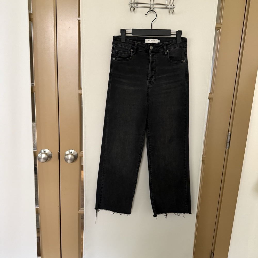 Hidden Womens 28 Black High Rise Raw Hem Button Fly Wide Leg Denim Jeans